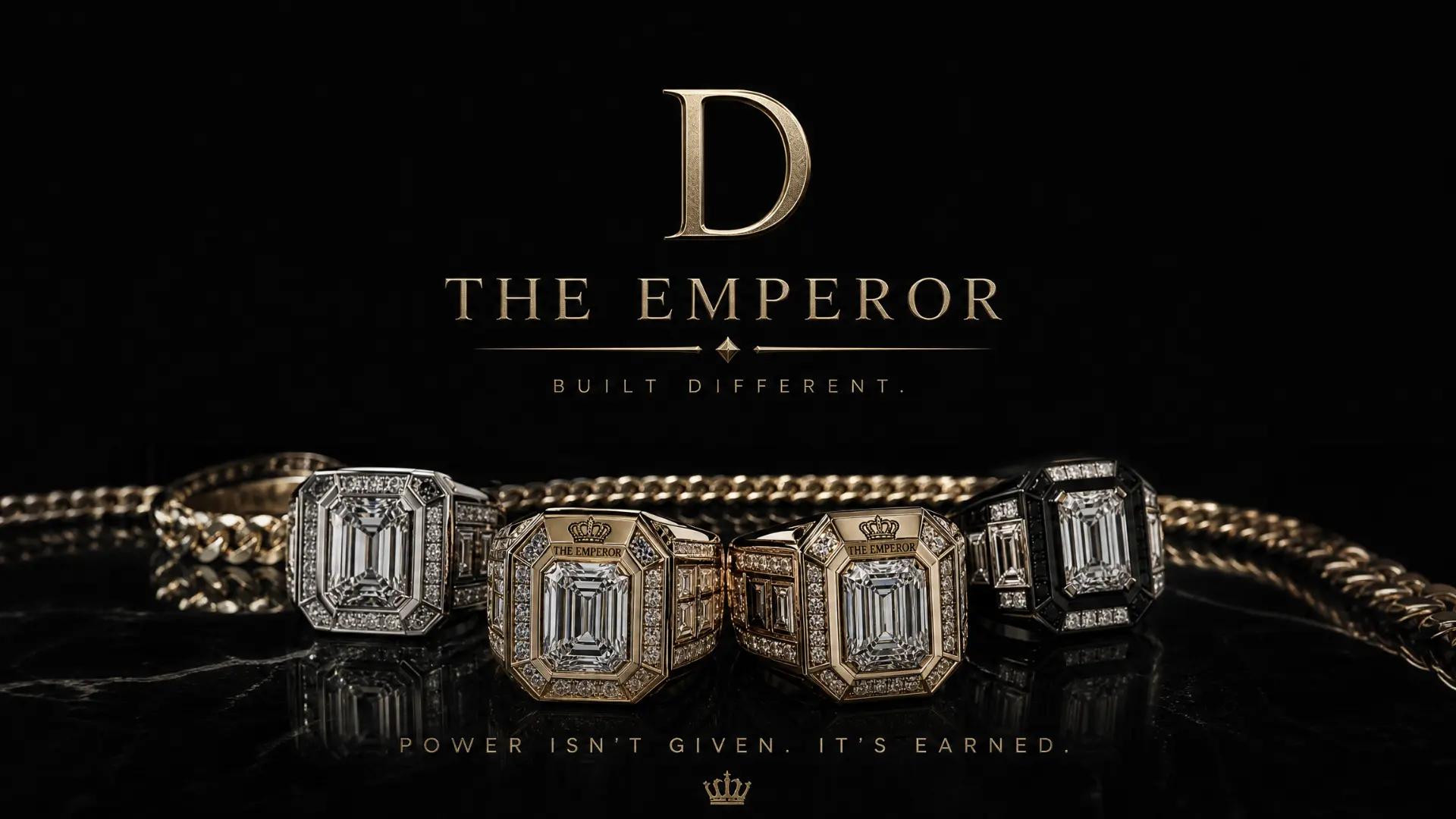 Three Emperor signet rings in white gold, yellow gold and black finish