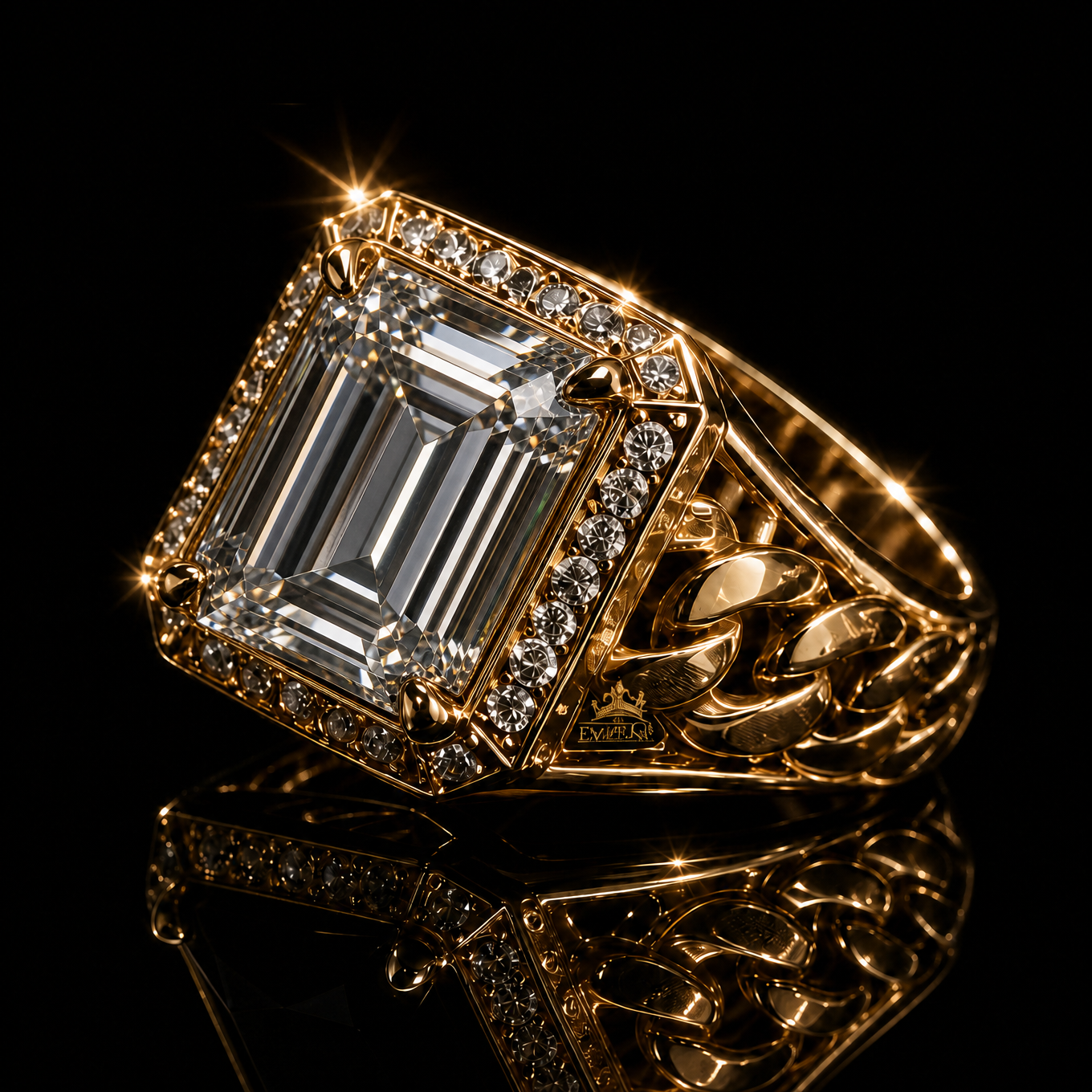 The Emperor emerald-cut diamond halo ring in solid 18K gold with Cuban-link shank
