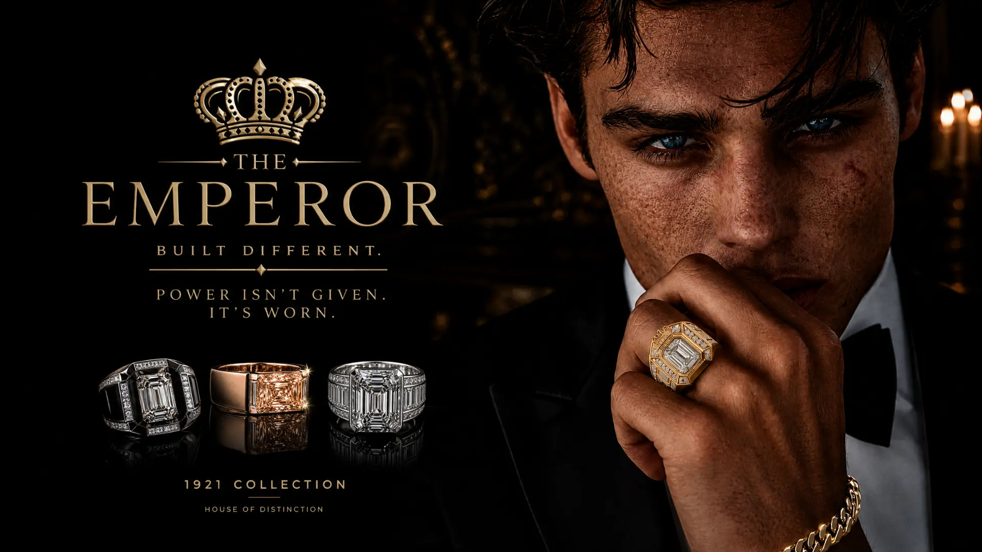 The Emperor signet ring worn in a tailored black tuxedo